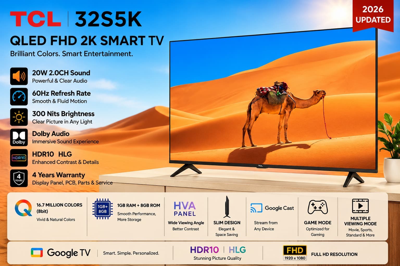 QLED FHD SMART -TCL Bezel less  Dolby WIFI Google TV 32S5K