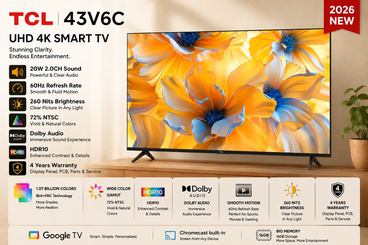 TCL 43V6C 43" UHD 4K Google TV