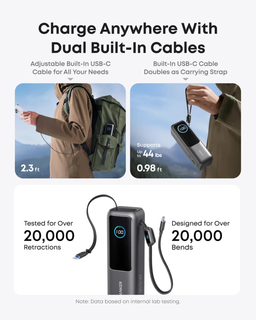 Anker Laptop Power Bank (25K, 165W, Built-In and Retractable Cables)